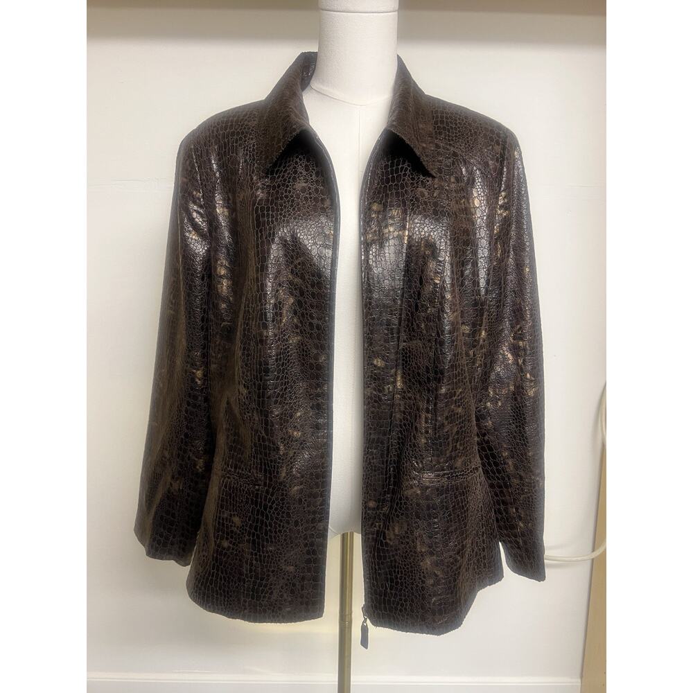 Womens Kim Rogers Jacket PL Brown Reptile Zippered Collared Faux Pockets - Picture 4 of 12